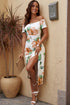 Print Off Shoulder Slit Bodycon Midi Dress